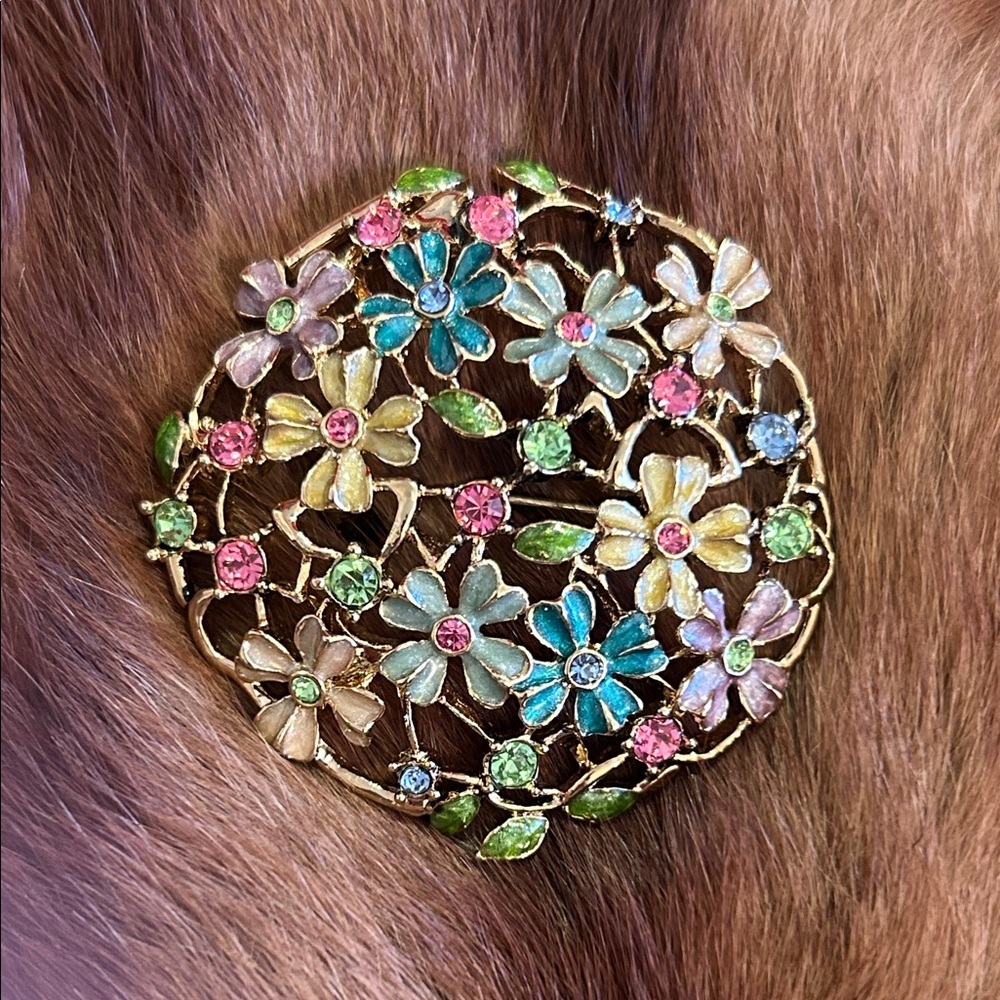 Monet Gold Enamel Brooch with Pink and Blue Floral Accents